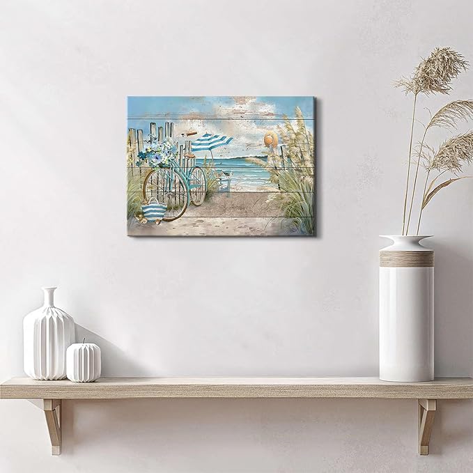 Coastal Wall Art Beach Theme Bathroom Decor Farmhouse Teal Ocean Canvas Prints Poster Seagull Floral Bicycle Pictures Seascape Coastline Painting Artwork for Kitchen Bedroom Home Decoration 12x16"