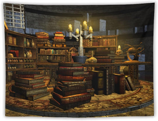 Kurtect Library Tapestry,Vintage Medieval Bookshelf Wooden Bookcase Antique Magic Art Tapestries for Party Beach Picnic Blankets Tablecloths Living Room Wall Deocr, 60x80 in