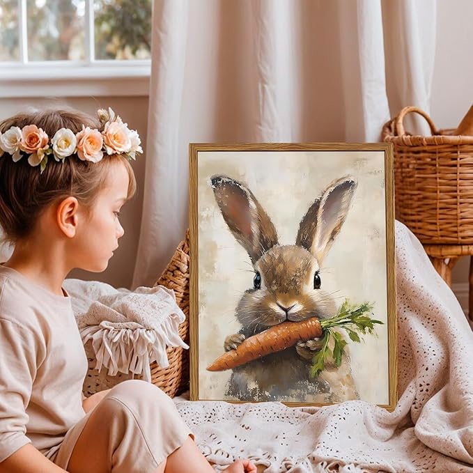 Framed Vintage Rabbit Canvas Wall Art, Cute Easter Bunny with Carrot Pictures Wall Decor, Spring Farmhouse Animal Paintings Prints Cottagecore Home Decor for Living Room Kitchen Nursery 16x24 inch