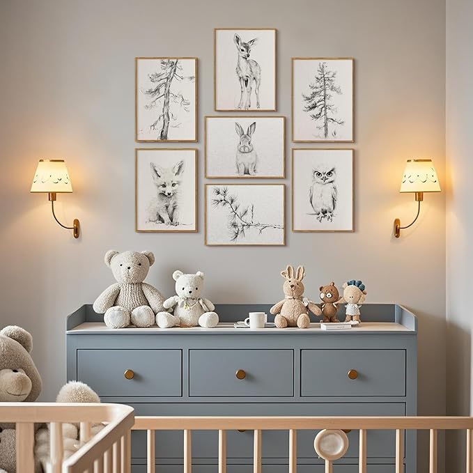 Vintage Nursery Wall Art Woodland Animal Canvas Decor Baby Room Wall Art Forest Animal Pictures Kids Tree Prints Posters Nature Deer Fox Painting Nursery Artwork for Bedroom 12x16x7 Inch Unframed