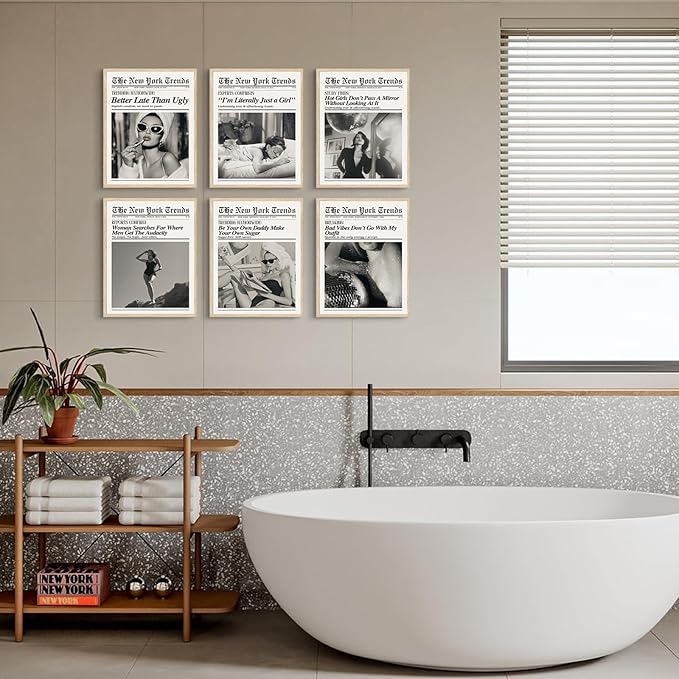Trendy Feminist Newspaper Wall Art Prints of 6,Retro Black and White Vogue Posters for Room Aesthetic,Audrey Hepbum Fashion Wall Art Bedroom, Vintage Bar Cart Art Feminine Decor for Dorm Apartment,Unframed