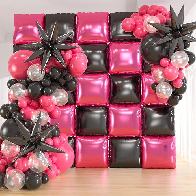 25pcs Black Pink Foil Square Balloon Wall With 139pcs Hot Pink Black Clear Balloon Arch Kit, Double Sided Balloon Tunnel for Birthday Anniversary Bridal Shower Party Decoration