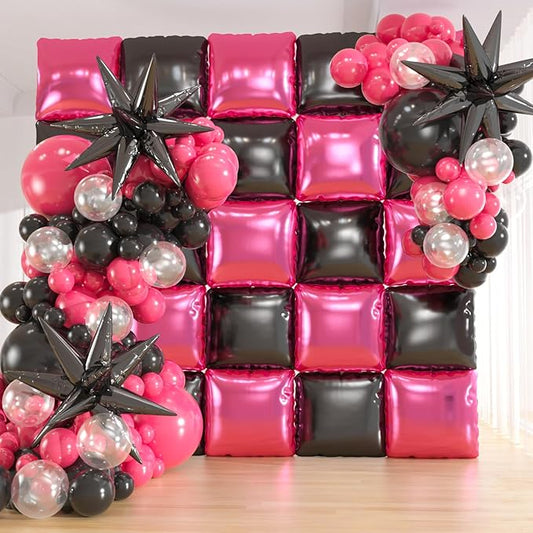 25pcs Black Pink Foil Square Balloon Wall With 139pcs Hot Pink Black Clear Balloon Arch Kit, Double Sided Balloon Tunnel for Birthday Anniversary Bridal Shower Party Decoration