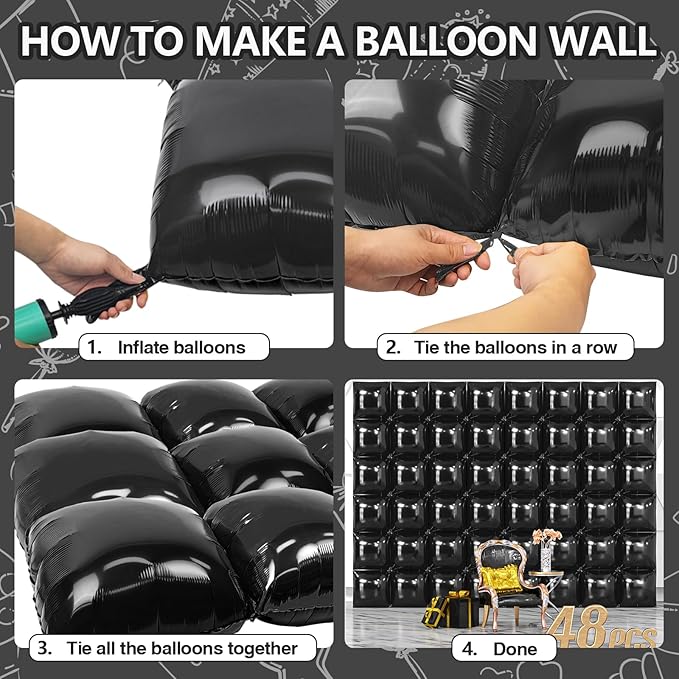 NISOCY 48PCS Black Square Foil Balloons Wall Backdrop Metallic Double Sided Black Balloon Tunnel Arch Kit for New Year Birthday Baby Shower Graduation Party Decorations
