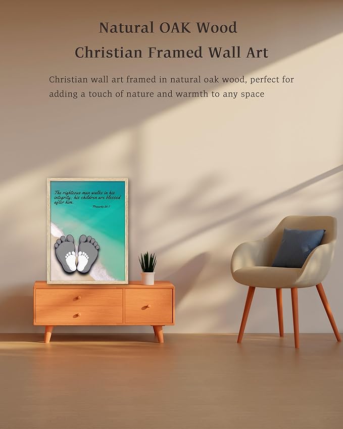 KensTro Natural OAK Wood Nursery Decor Framed Wall Art, 12x16 in Inspirational Christian Bible Verse Wall Art,Footprints Coastal,Blue Scripture Print for Boys Girls Playroom Bedroom Decor Set of 1