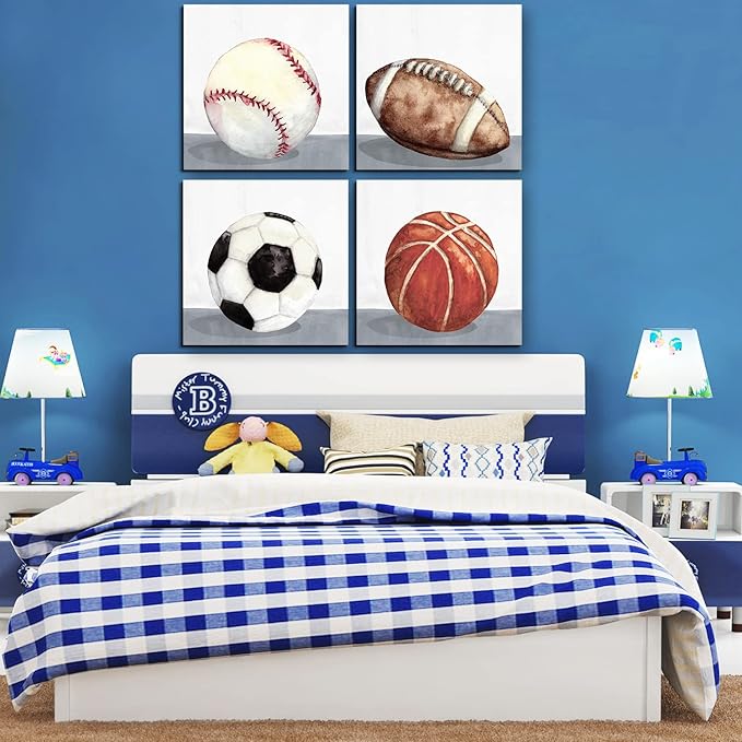 Sports Wall Art Kids Boys Sports Room Decor Soccer Football Baseball Basketball Pictures Canvas Prints Nursery Toddler Watercolor Sport Ball Posters Baby Home Decoration Christmas Gifts 12x12” 4 Piece