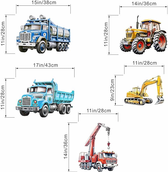 Truck Car Wall Decals for Boys: Construction Design Peel and Stick Vinyl Wall Stickers for Boys Bedroom Kids Room Decor Ages 1-12 Years