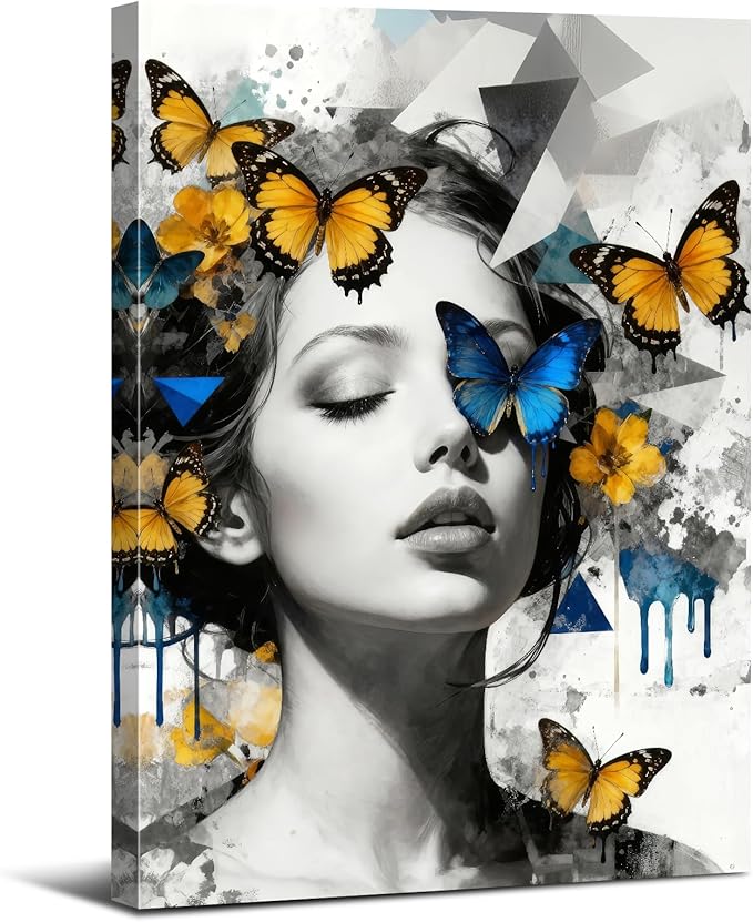 Women Portrait Wall Art Blue Yellow Butterfly Paintings Picture Abstract Black and White Women Wall Decor Aesthetic Minimalist Canvas Prints Artwork for Bedroom Bathroom Spa Home Decorations 16x24"