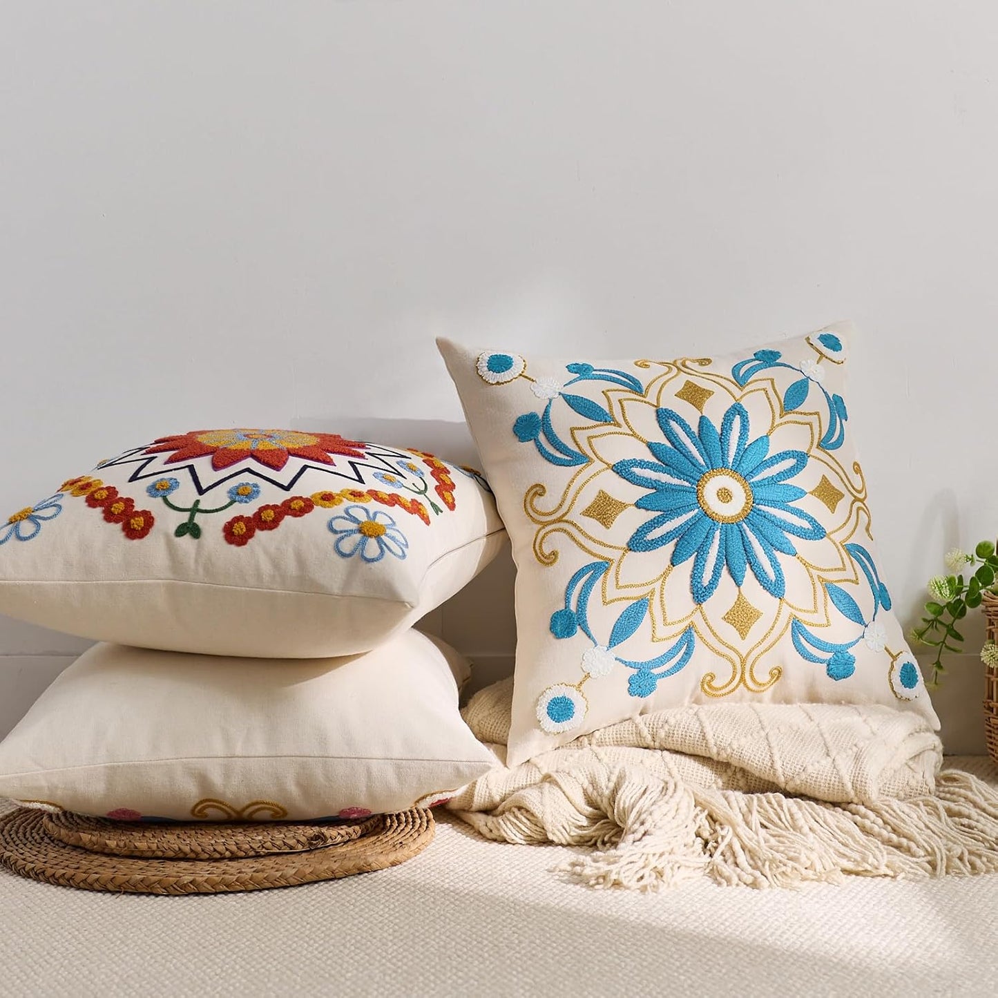 Embroidered Throw Pillow Cover 18x18 Classic Boho Floral Pattern Pillows Cover Outdoor Decorative Pillowcase,Durable Cozy Textured Cushion Case for Sofa Couch Bed Living Room,Teal