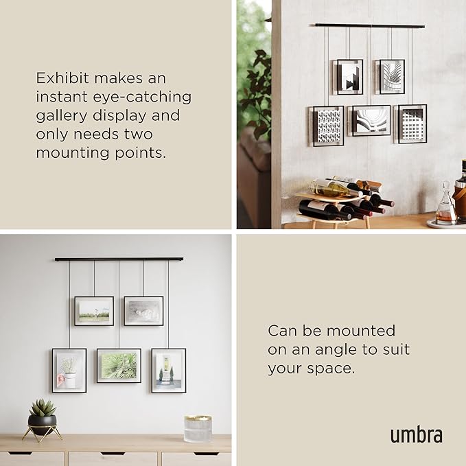 Umbra Exhibit Picture Frame Gallery Set, Adjustable Wall Collage Displays Five Photos (Two 4x6 and Three 5x7), Set of 5, Black