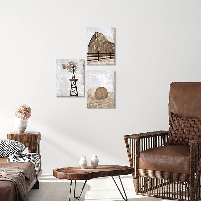 HOMEOART Farmhouse Wall Art Rustic Barn Windmill Cornfield Pictures Countryside Rural Landscape Painting Canvas Artwork Stretched and Framed Ready to Hang Home Decor 12"x16"x3 Pieces