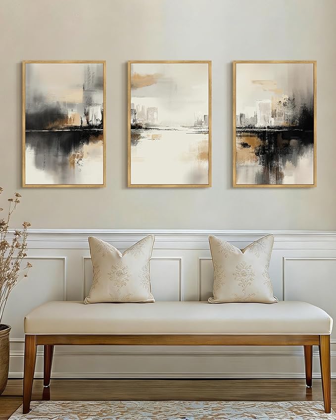Drsoum Vintage Black Gray Abstract Wall Art Framed Brown Tan Neutral Prints Minimalist Modern Rustic Artwork Bedroom Living Room Ready to Hang 16x24in Natural Framed