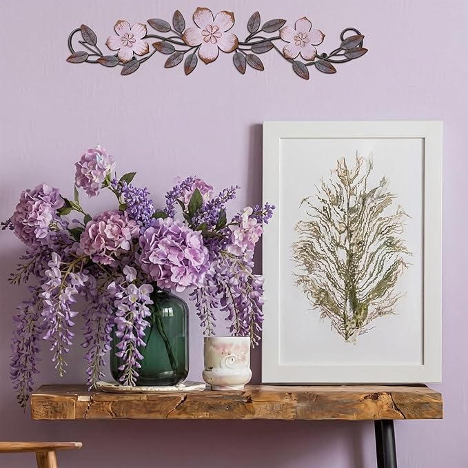 Wesiti Metal Flower Wall Decor Vintage Spring Metal Flower Wrought Iron Scroll Sculpture 15.7''x3.7'' Farmhouse Leaf Wall Decor with Nails for Spring Living Room Bedroom Indoor Outdoor (Purple)