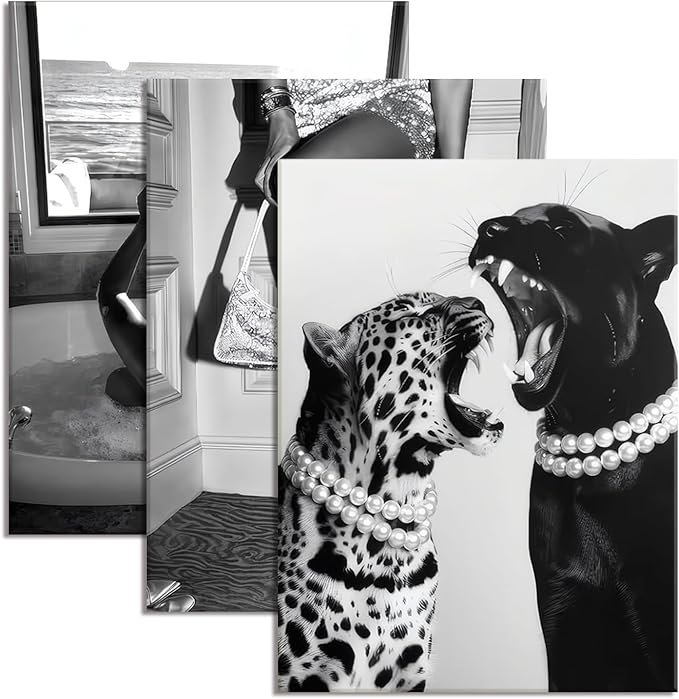 Bathroom Fashion Leopard Print Black and White Canvas Wall Art Trendy Women Posters Paintings Luxury Feminist Pictures Wall Decor for Bedroom Living Room Hallway Home Decoration 12×16 In Framed