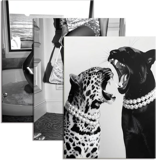 Bathroom Fashion Leopard Print Black and White Canvas Wall Art Trendy Women Posters Paintings Luxury Feminist Pictures Wall Decor for Bedroom Living Room Hallway Home Decoration 12×16 In Framed