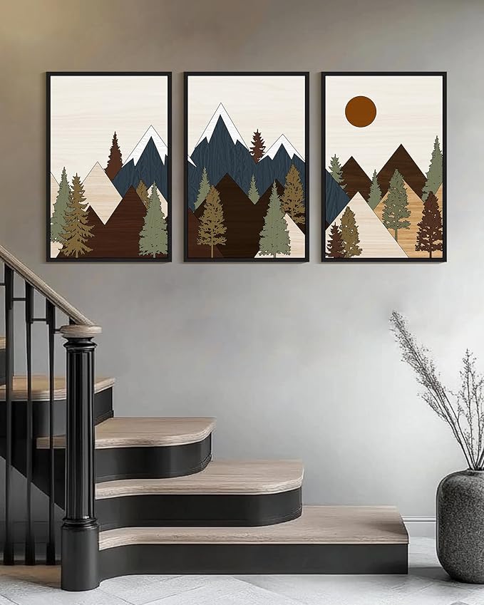 Drsoum Morden Mountains Landscape Wall Art Framed Boho Pine Tree Forest Nature Prints Boho Farmhouse Rustic Artwork Hallway Bedroom Ready to Hang 24x36in Black Framed