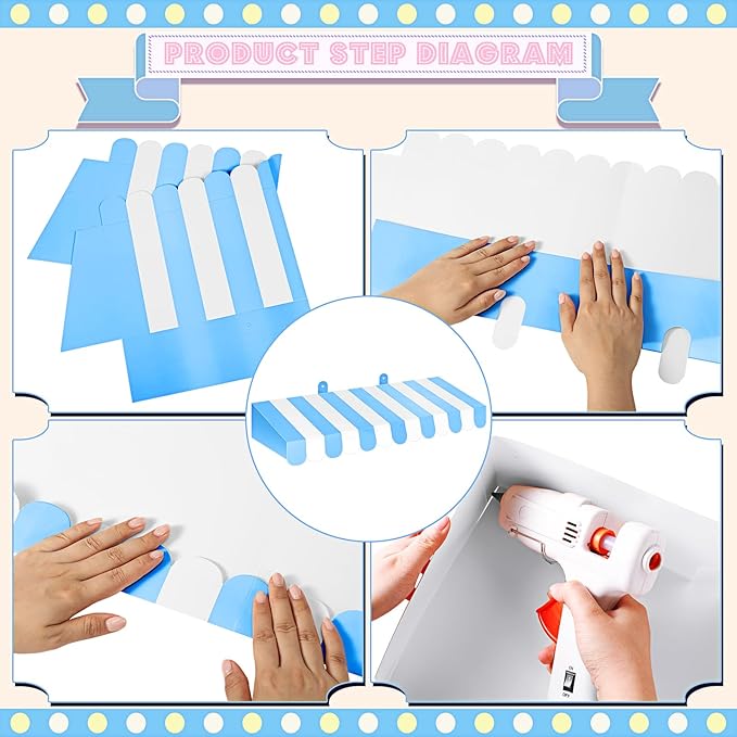 Boao 4 Pack Blue and White Awning Decoration 3D Stripe Cardboard Awning Carnival Wall Decor Circus Party Favors for Lemonade Stand Bakery Ice Cream Truck Bulletin Board Decor