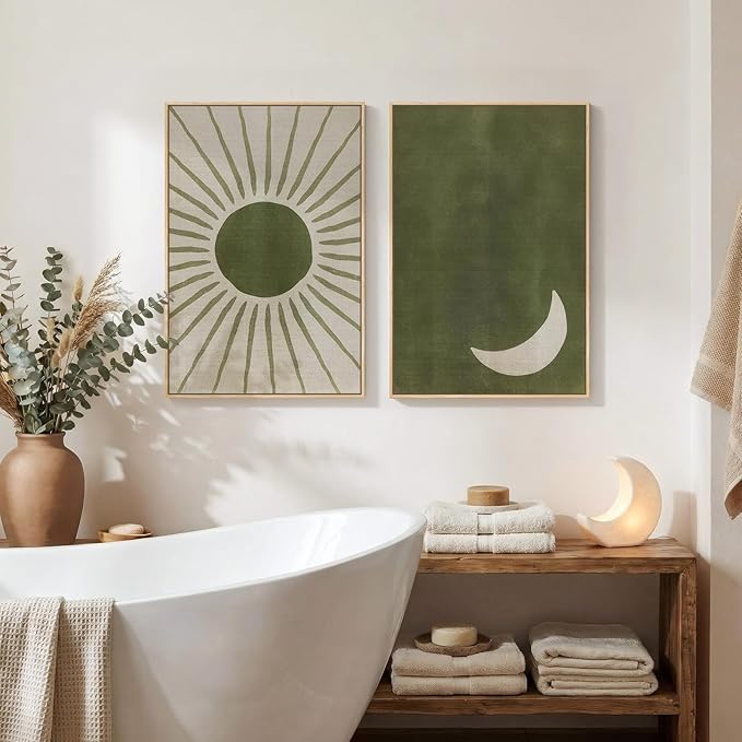 Framed Green Boho Abstract Wall Art Set of 2 for Living Room, Sun and Moon Minimalist Bohemian Canvas Artwork for Walls, Mid Century Modern Painting Print Wall Decor for Bedroom Home Office, 16x24 In