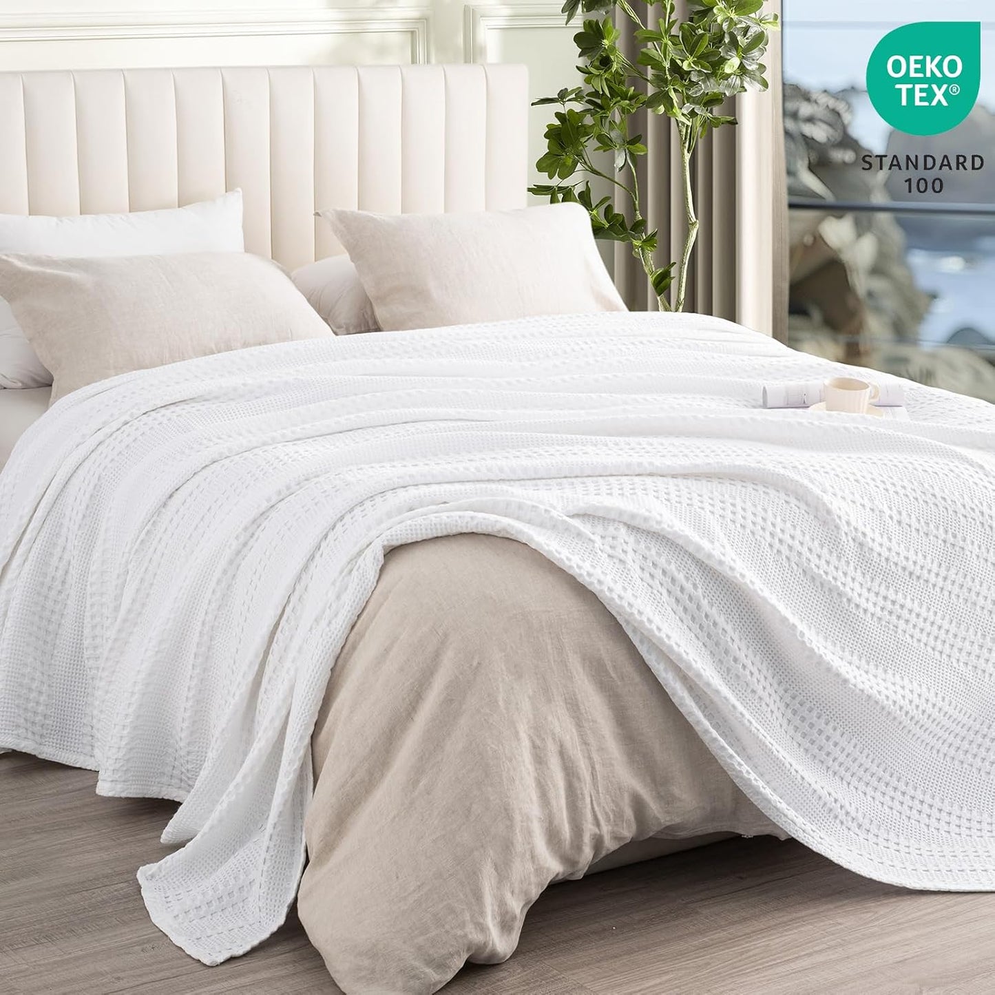PHF Cooling Waffle Blanket King Size, Lightweight 60% Rayon Derived from Bamboo & 40& Cotton Breathable Blanket for Hot Sleepers, Soft and Luxury for Bed Couch and Sofa, 104"x90", White