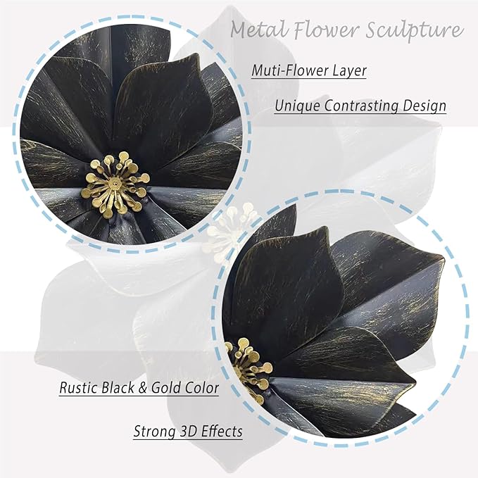 Metal Flower Wall Sculpture, 12.5" Rustic Modern Floral Artwork, Distressed 3D Layered Iron Flower Wall Hanging Accent for Indoor Kitchen Bedroom Living Room Office OutdoorGarden Patio Decor (Grey)