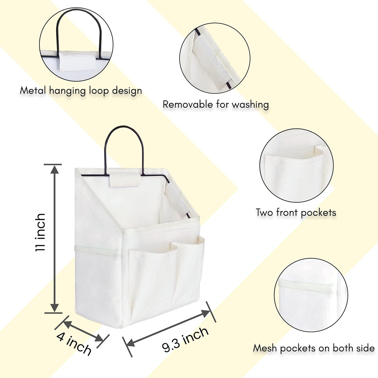 2pcs Small Wall Hanging Organizer Bag, Linen Fabric Door Hanging Storage Basket with Pockets, Waterproof Bin for Kitchen, Bedroom, Office, RV Camper (White)