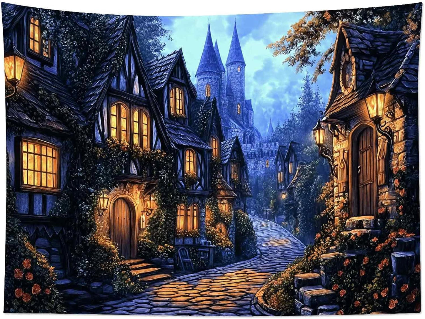 LB Vintage Castle Tapestry, Night Street Old House and Green Tree Wall Tapestry for Bedroom Aesthetic, Village Gothic Wall Art for Living Room Dorm Home Decor Ready to Hanging, 92.5 x 70.9 Inches