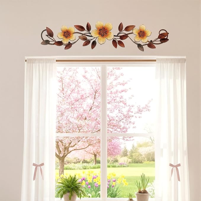 Wesiti Metal Flower Wall Decor Vintage Spring Metal Flower Wrought Iron Scroll Sculpture 15.7''x3.7'' Farmhouse Leaf Wall Decor with Nails for Spring Living Room Bedroom Indoor Outdoor(Yellow)