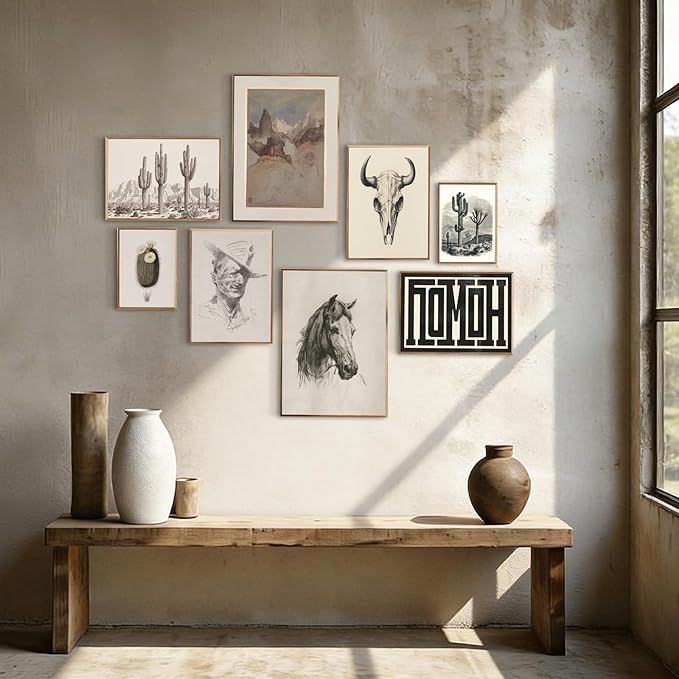 Western Decor Vintage Western Wall Art,Rustic Farmhouse Wall Decor Living Room,Vintage Cowboy & Cactus Sketch Art Prints,Neutral Tone Southwest Landscape & Animal Skull Artwork for Bedroom Bathroom Decorations,Unframed