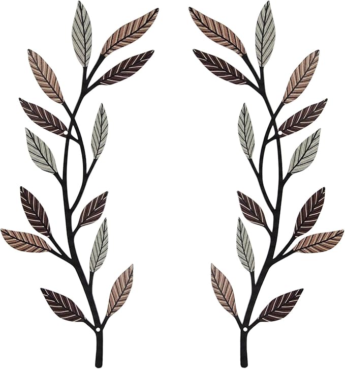 Metal Tree Leaf Wall Decor 2 PCS Rustic Vine Branch Leaf Wall Art for Living Room Bedroom Bathroom Decorations - Vintage Brown