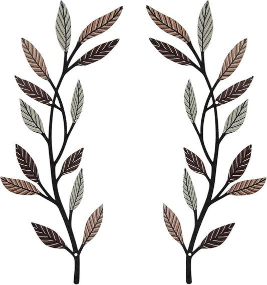 Metal Tree Leaf Wall Decor 2 PCS Rustic Vine Branch Leaf Wall Art for Living Room Bedroom Bathroom Decorations - Vintage Brown