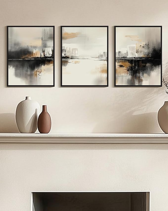Drsoum Vintage Black Gray Abstract Wall Art Framed Brown Tan Neutral Prints Minimalist Modern Rustic Artwork Bedroom Living Room Ready to Hang 11x14in Black Framed