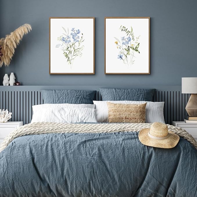 Watercolor Floral Wall Art Blue Yellow Flower Canvas Art Pints Nature Botanical Plants Painting Minimalist Wall Decor Stretched and Framed for Bedroom Bathroom Home Office Decoration - 11"x14"x2Pcs