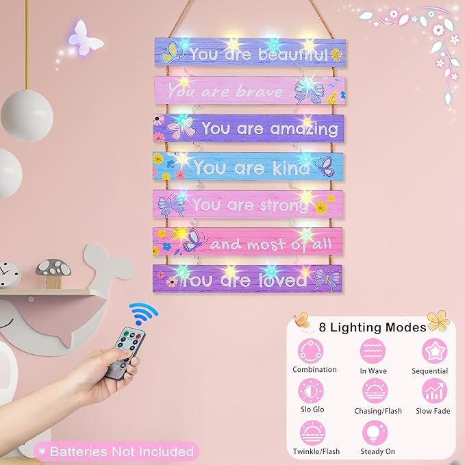 FIOBEE Girls Room Décor for Teen Girls Boys with LED Light Wall Decor for Bedroom Motivational Inspirational Wall Art Girl Room Decoration for Kids Studyroom, 8 Kinds of Lights, Purple Butterfly