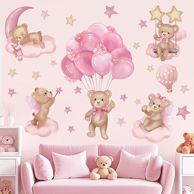 wondever Pink Balloon Bear Wall Stickers Hot Air Balloon Animals Clouds Stars Peel and Stick Wall Art Decals for Baby Nursery Kids Girls Bedroom
