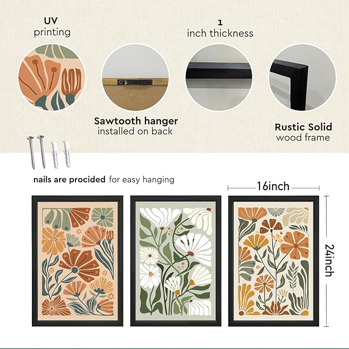 YWJKWLGS Wildflowe Floral Botanical Wall Art Print, Boho Flower Wall Decor, 3 Piece, 16x24 Inch, Modern Abstract Wood Framed for Home Living Room Master Bedroom Bathroom Office (Black)