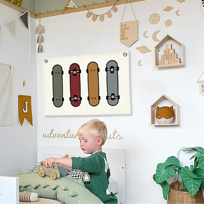 Boys Room Decor, Skateboard Sports Nursery Wall Hanging Canvas Banner Prints, Colorful Skateboard Wall Art Decor for Kids Boys Nursery Toddler Room Bedroom Playroom, 30x20 Inch