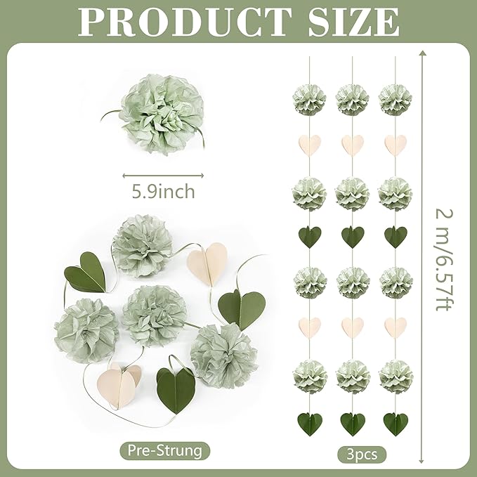 Sage Green Party Decoration Tissue Flowers Pom Pom with 3D Heart Hanging Paper Garland Banner Streamer for Birthday Baby Shower Wedding Valentines Day Woodland Neutral Themed Party Home Decor Supplies