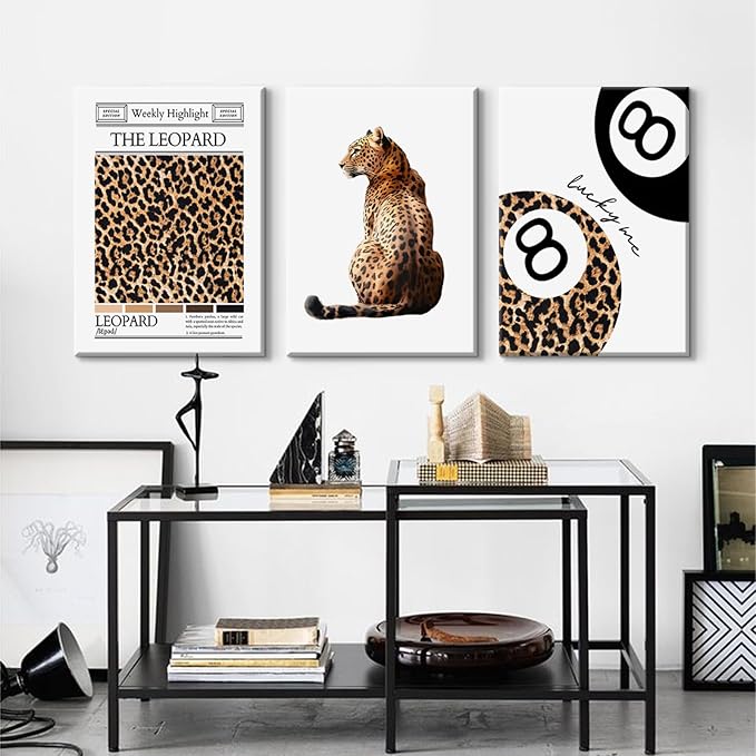Trendy Leopard Wall Art Cheetah Print Canvas Wall Decor 8 Ball Poster Preppy Room Aesthetic Pictures Funky Coquette Vintage Prints Y2k Fashion Lucky Posters for Bedroom 16x24x3 Inch Wrapped Canvas