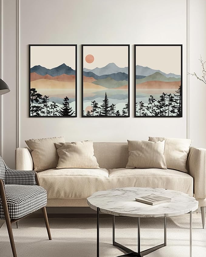 Drsoum Mountain Range Landscape Wall Art Framed Ink Wash Watercolor Nature Wall Decor Laker Sun Rises Prints Bedroom Living Room Ready to Hang 24x36in Black Framed