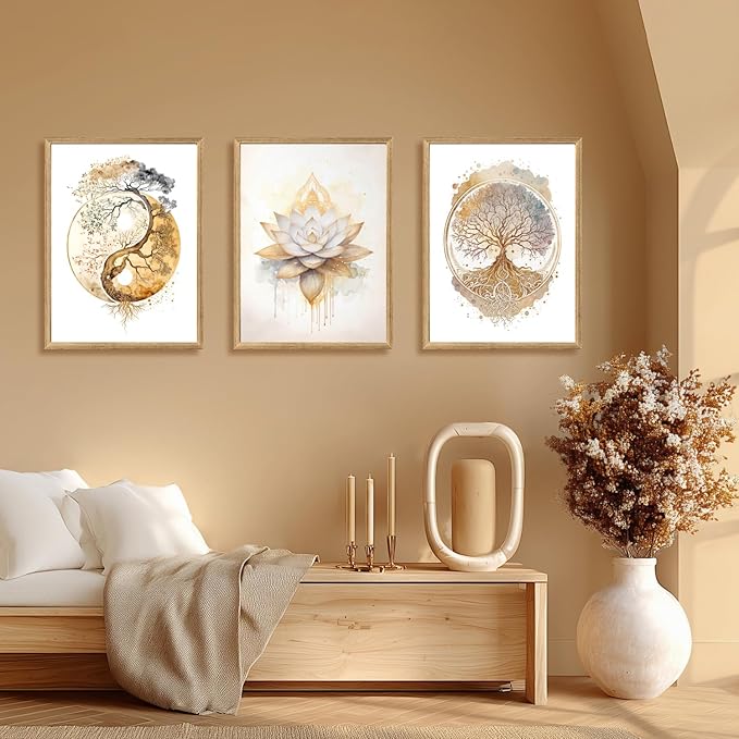 GELDSTEI Tree of Life Wall Art, Calming Zen Wall Decor, Abstract Yin Yang Tree Canvas Painting, Modern Gold Lotus Flower Meditation Poster Print for Living Room Yoga Room Bedroom Wood Framed Set of 3, Each 16x24 Inch