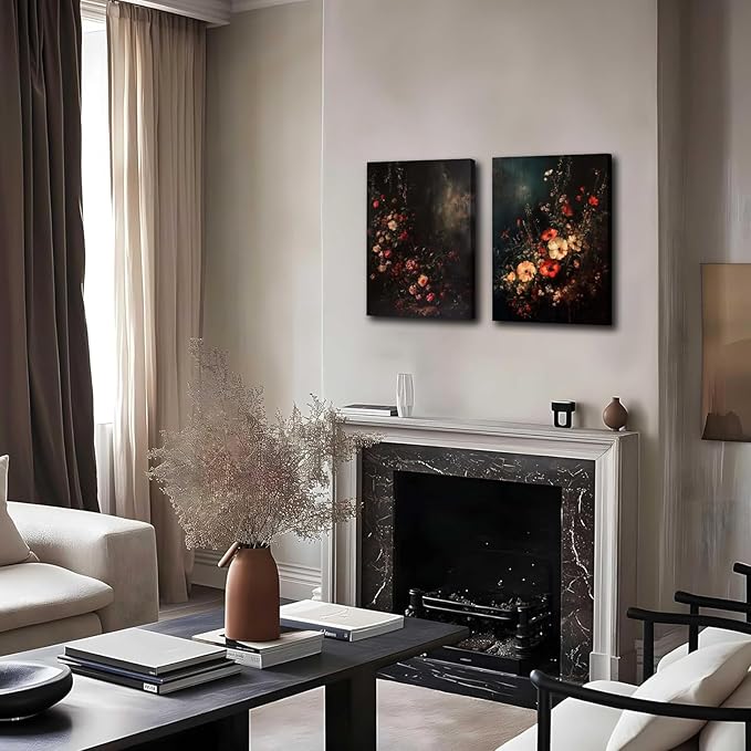 2Pcs Framed Canvas Prints Art Vintage Moody Floral, Classical Fall Wildflower Floral Painting, Rustic Dark Autumn Flower Wall Art for Living Room Bedroom Home Bathroom Wall Decor, 12x16in