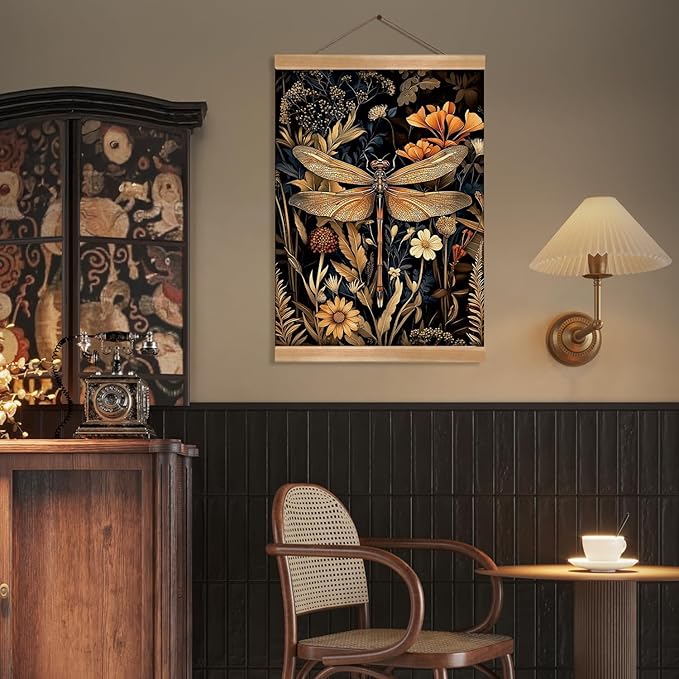 William Morris-Inspired Wall Art Poster, Vintage Dragonfly Hanging Wall Painting Buck Art, Mid-Century & Dark Academia Decor, Gothic Canvas Poster for Bedroom or Living Room 12x16inch(Dragonfly)