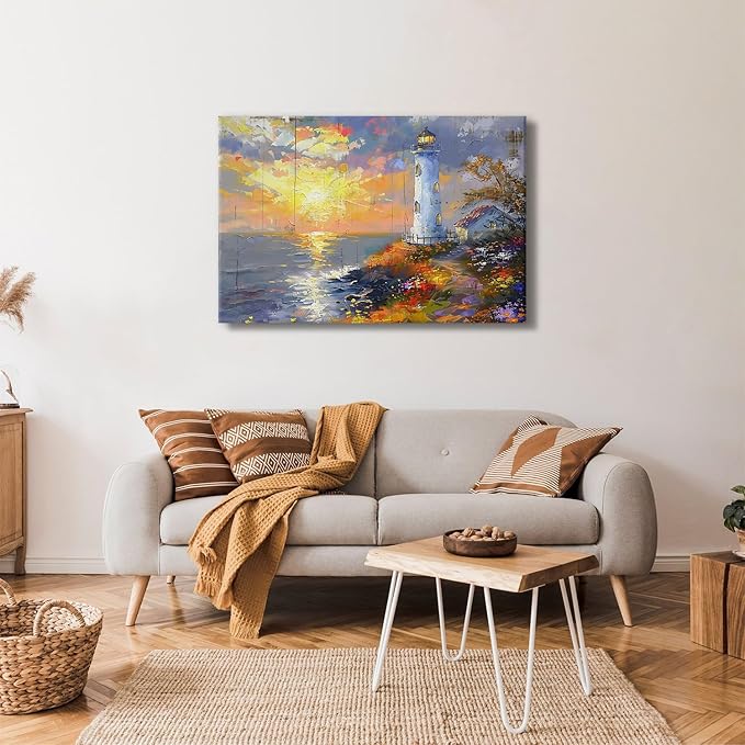Large Sunset Coastal Wall Art Lighthouse Canvas Prints Picture Ocean Landscape Wall Decor Abstract Beach Painting Seascape Poster Modern Nature Artwork Kitchen Living Room Home Decoration 32x48"