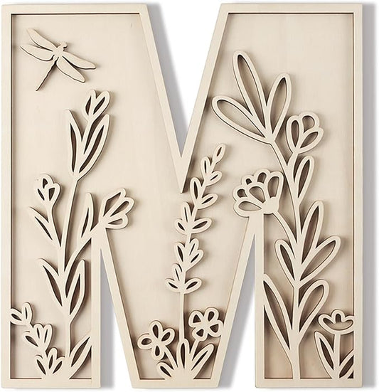 Layered 12 Inch Large Wooden Letters for Wall Decor, Flowered Paintable Wooden Nursery Letters for Crafts Wood Alphabet Letter M for Birthday Boho Nursery Name Sign Wedding Home Decoration