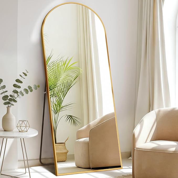 DUMOS Arched Full Length Mirror with Stand Floor Standing Aluminum Frame for Bedroom Body Hanging Leaning Modern Simple Home Decor Shatter-Proorf Nano Glass Wall Living Room Cloakroom Gold 68"x26"