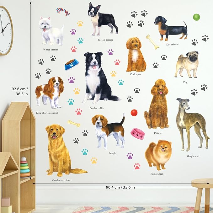 DECOWALL DS8-8045 Dogs Wall Decals Stickers Kids Peel and Stick Removable paw décor Print Room Bone Puppy Bedroom Decorations Wallpaper pet Nursery Baby Golden Retrieve Terrier