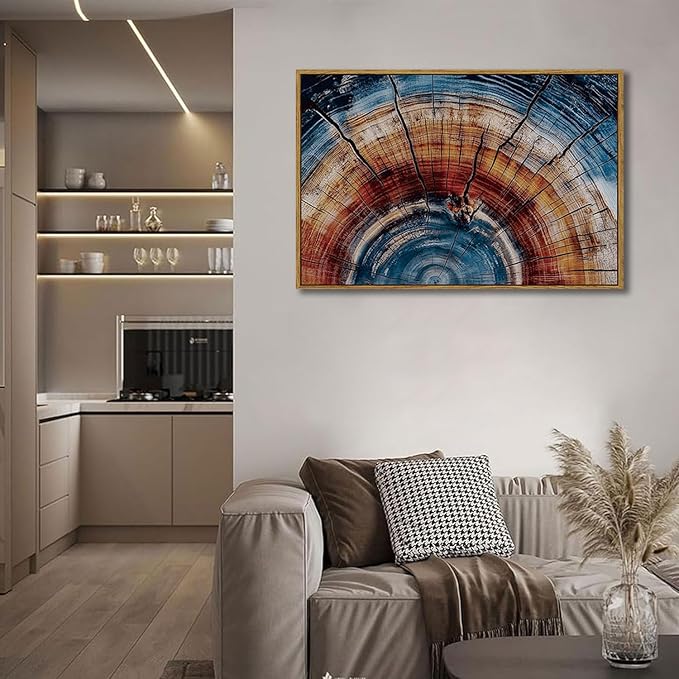 BingruiArt Large Framed Tree Ring Wall Art Blue and Red Boho Wall Decor Nature Print Wood Canvas Rustic Artwork Abstract Painting Modern Picture for Living Room Bedroom Bathroom 24"x36" Natural Framed(01)