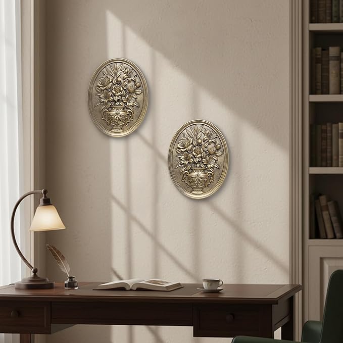 Vintage Flower Wall Sculpture 2 Pack ,Antique Wall Decor,Vintage Floral Wall Art, Hand Painted Wall Decoration with Embossed Flowers Design, Gold Wall Decor for Living Room Bedroom Dining Room, Housewarminng Gifts (Gold Flowers)