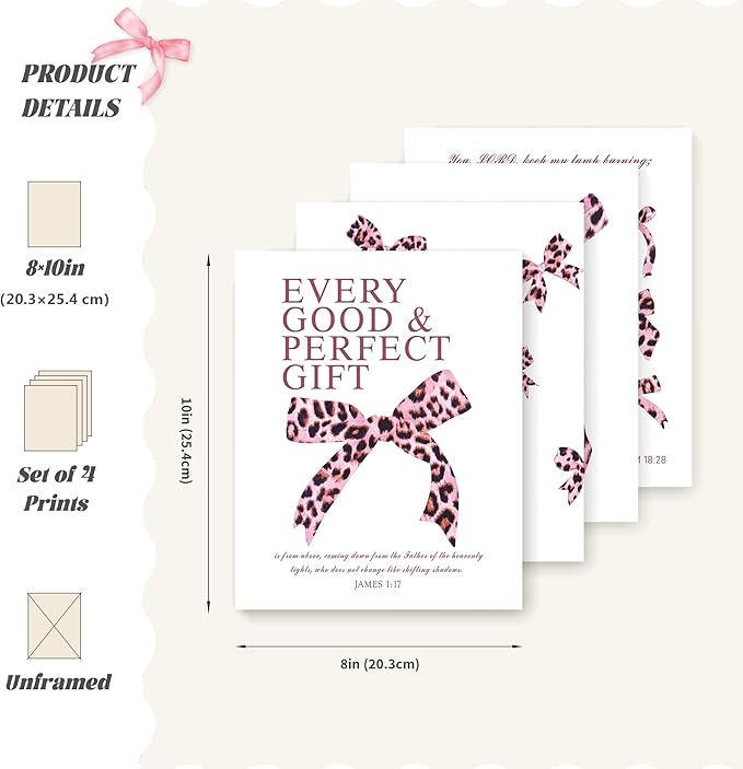 LARTSFRO Coquette Pink Leopard Bow Wall Art Decor Posters, Y2K Cheetah Leopard Bow Room Bedroom Bathroom Dorm Wall Art Decor Aesthetic for College Teen Girls Gifts, Inspirational Bible Verses Bow Wall Decor, 10x8 Inch Set of 4 Pcs Cheetah Bow Pictures ...