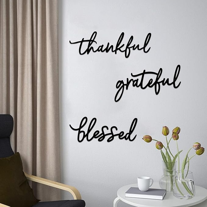 Thankful Grateful Blessed Letter Sign Metal Wall Decor, 3 Piece Black Letters Wall Art for Bathroom Bedroom Metal Words Wall Decor for Home Decor
